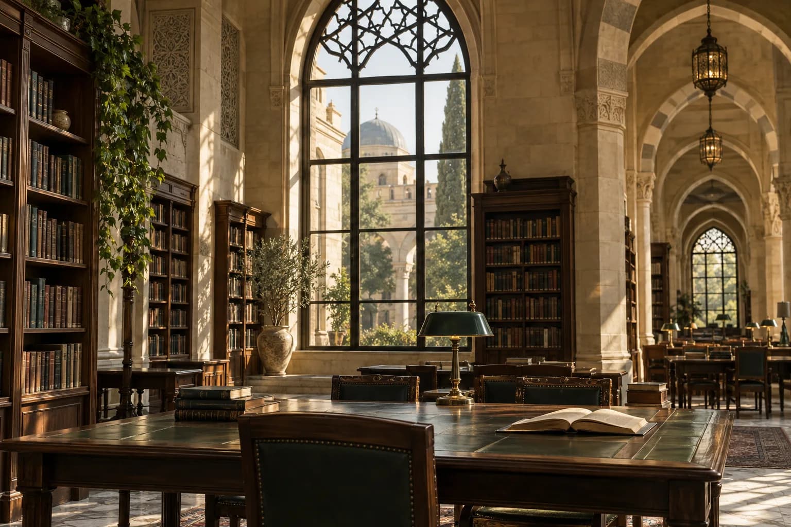 Sunlight through the arches of an academic library
